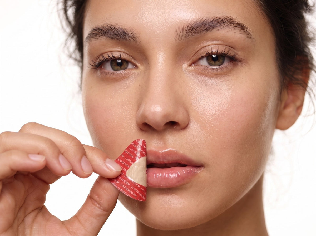 Frau zieht das Hydrogel Lippen-Nachtpflaster sanft von ihren Lippen ab