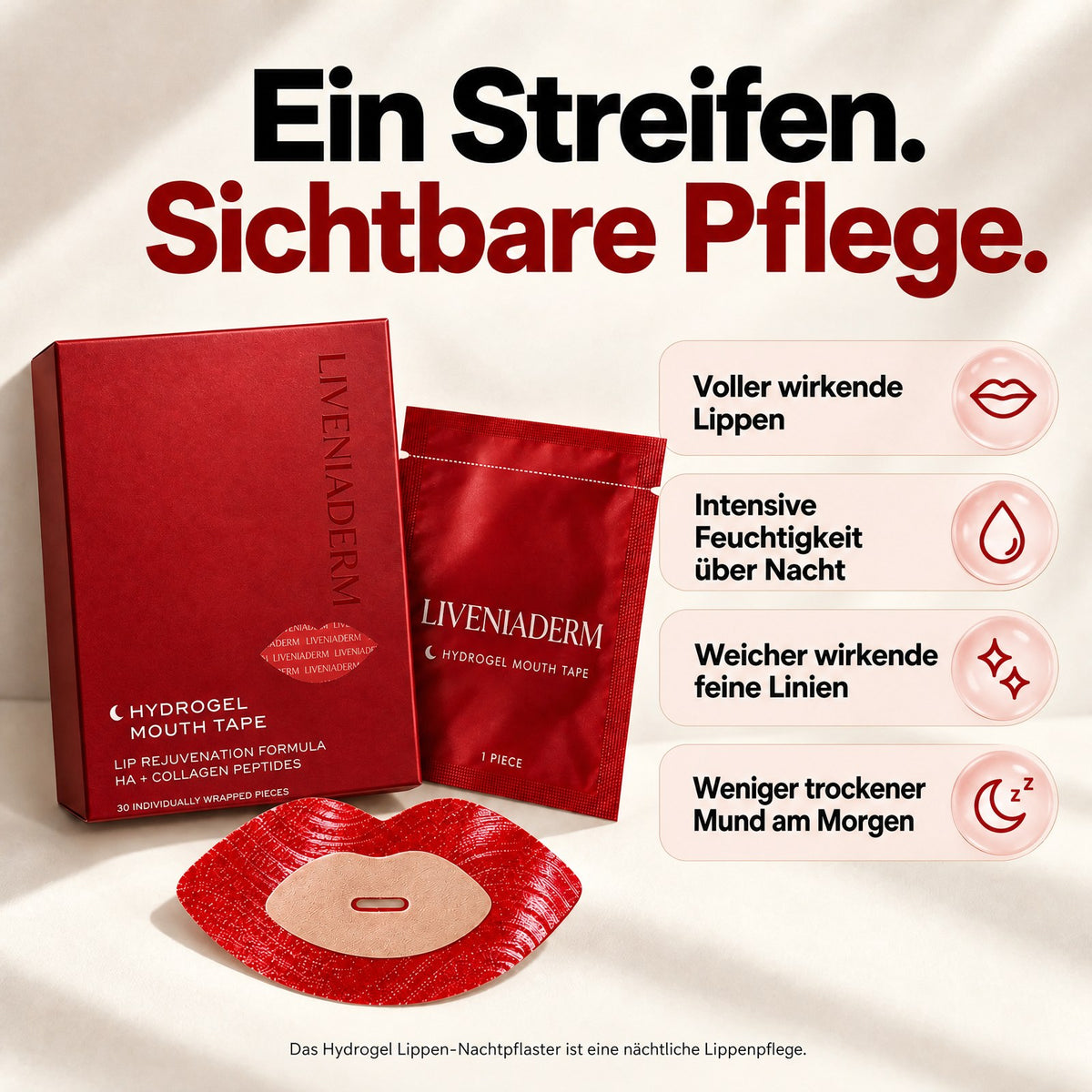 Packungen und Streifen des Liveniaderm Hydrogel Lippen-Nachtpflasters